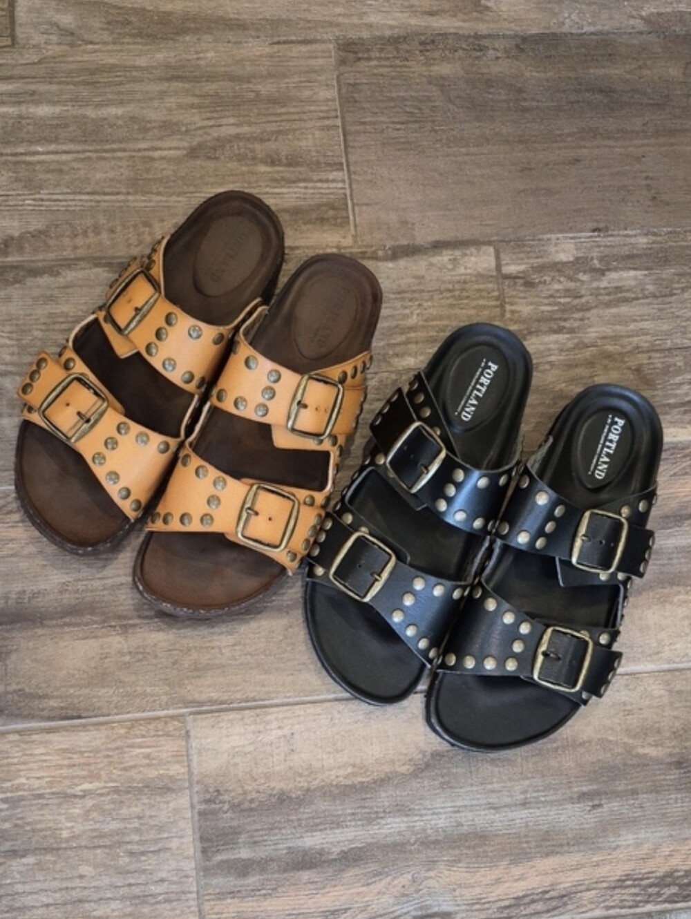 7.5/8 Portland Faux Leather Studded Adjustable Buckle Slide Sandals
